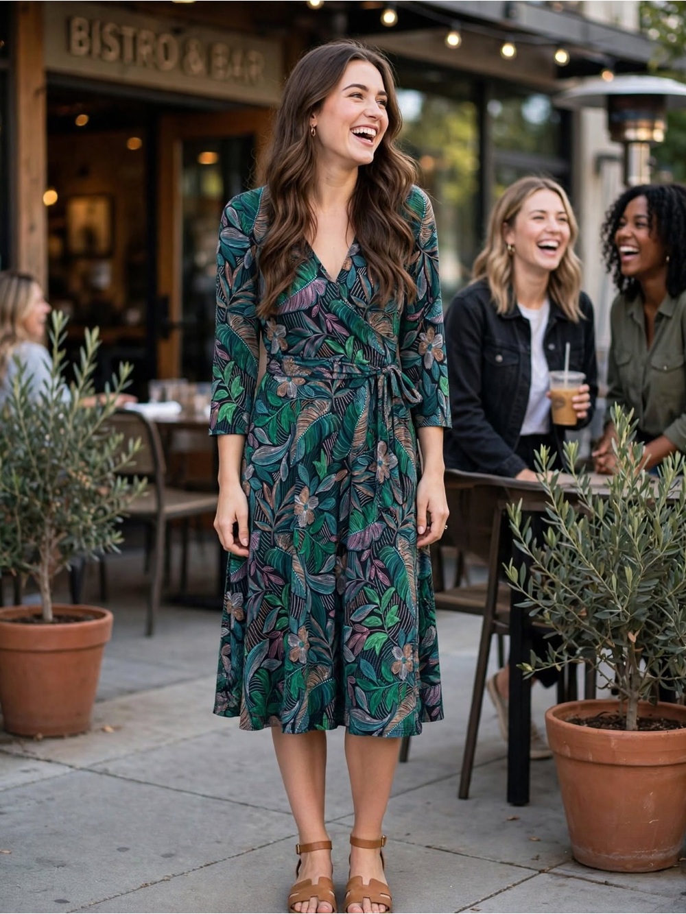 Leota Green and Teal Floral Faux Wrap Midi Dress